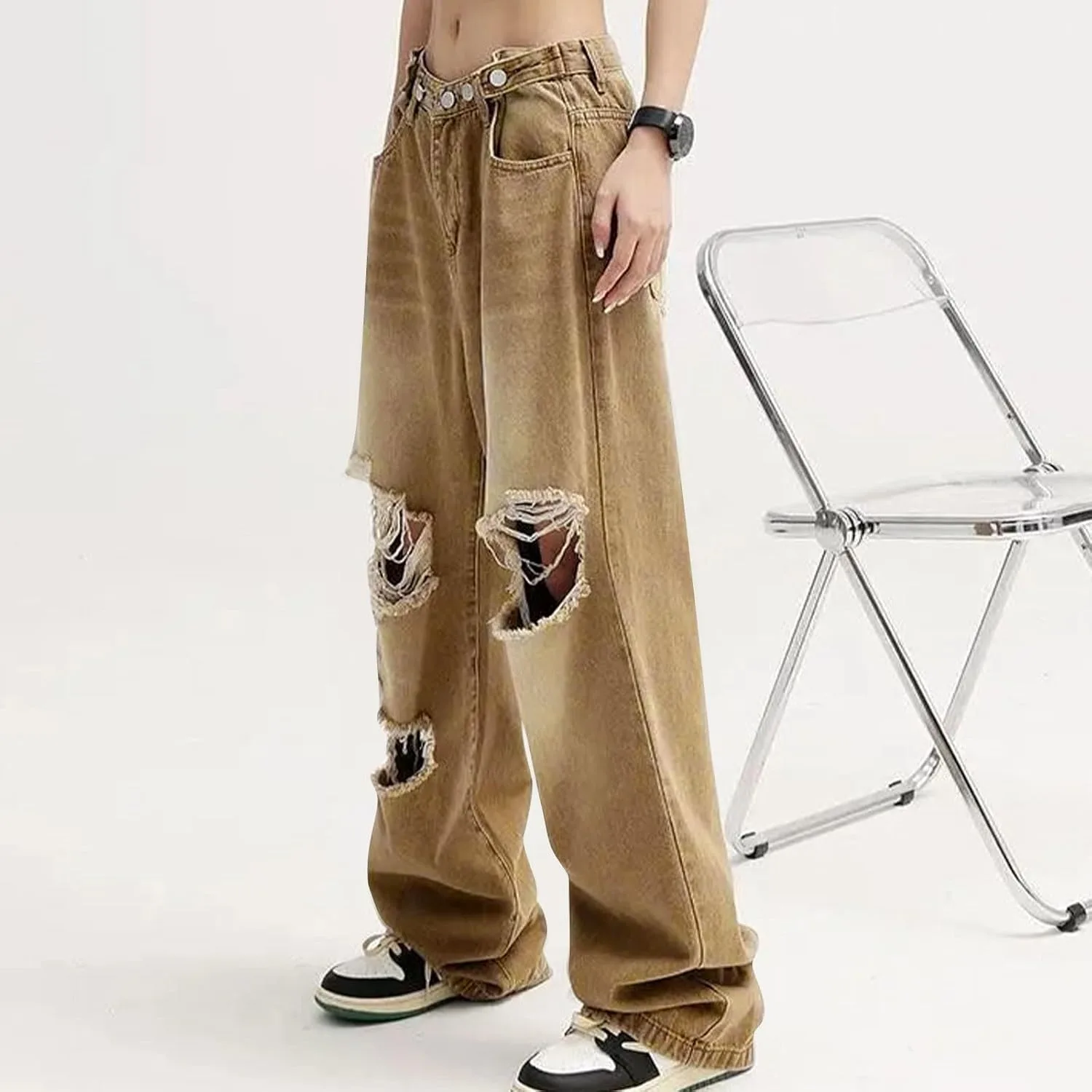 Джинсы женские baggy ripped low waisted distressed wide leg — фото 4