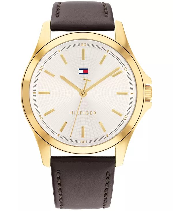 

Мужские кварцевые часы с темно-коричневым кожаным ремешком, 42 мм Tommy Hilfiger, white