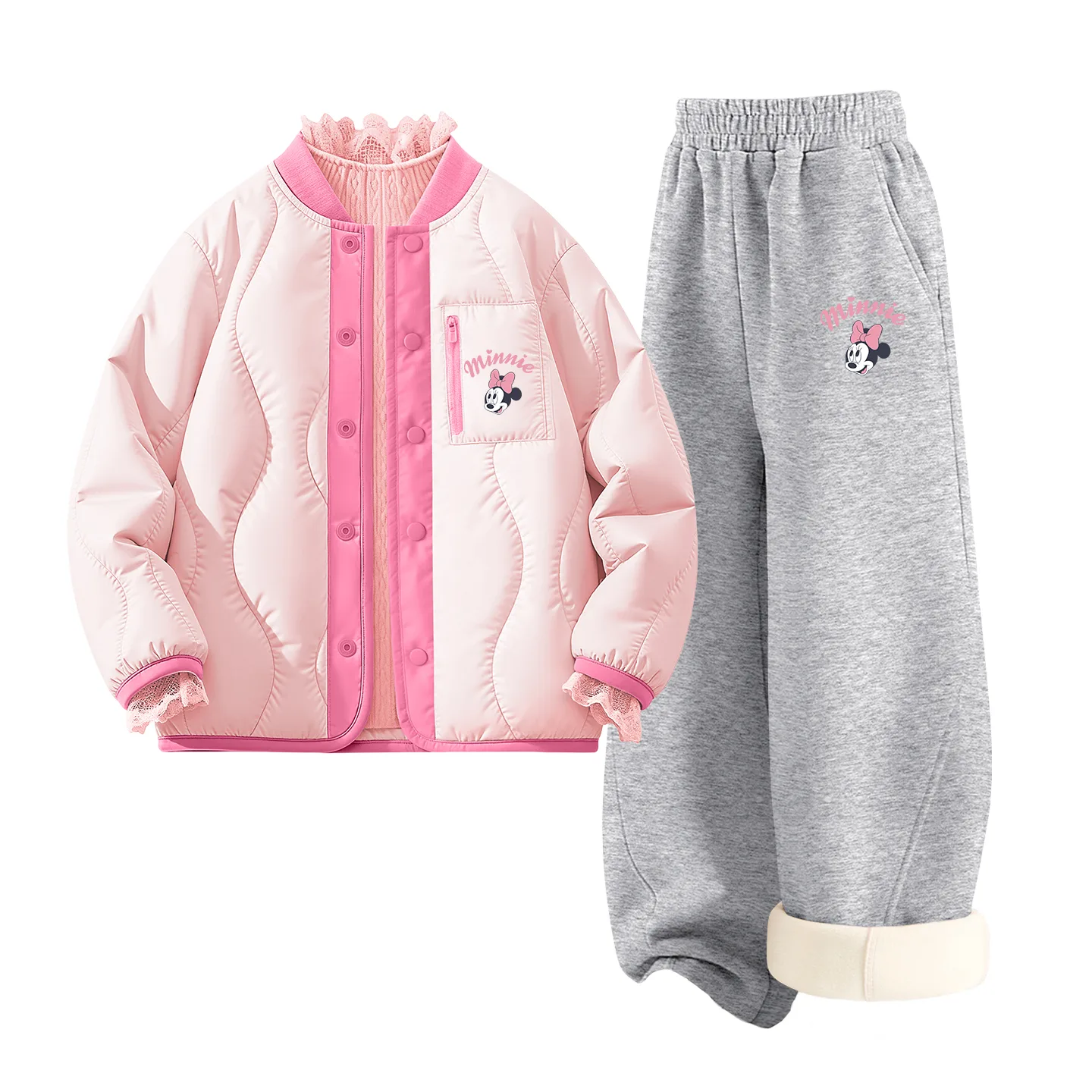 Детская повседневная спортивная футболка с круглым вырезом Disney, [Thickened and Fleece-Lined Three-Piece Set]Silicone Double-Eyed K Firework Pink+Double-Eyed K Heather Gray+Solid Color Fuchsia