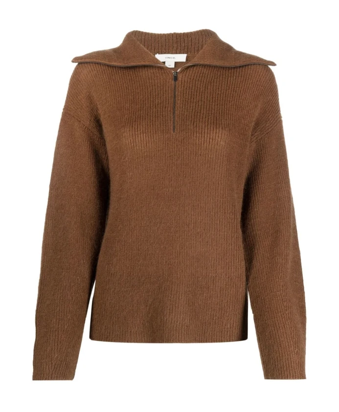

Коричневый пуловер с ребристой текстурой и застежкой-молнией до середины груди. Vince, коричневый