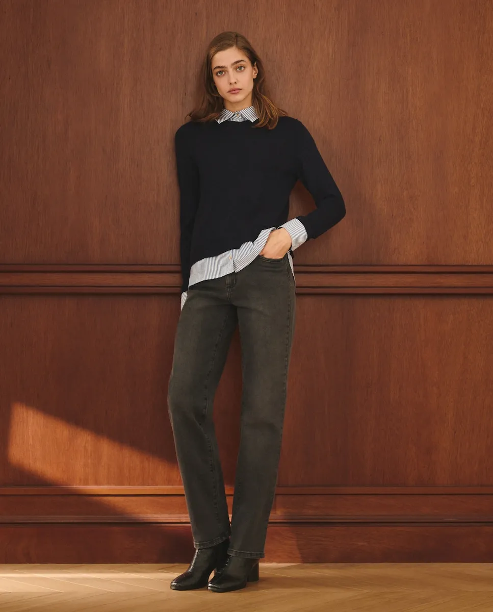 

Женский свитер с длинным рукавом, отложным воротником и полосатой баской Lloyd's, темно-синий