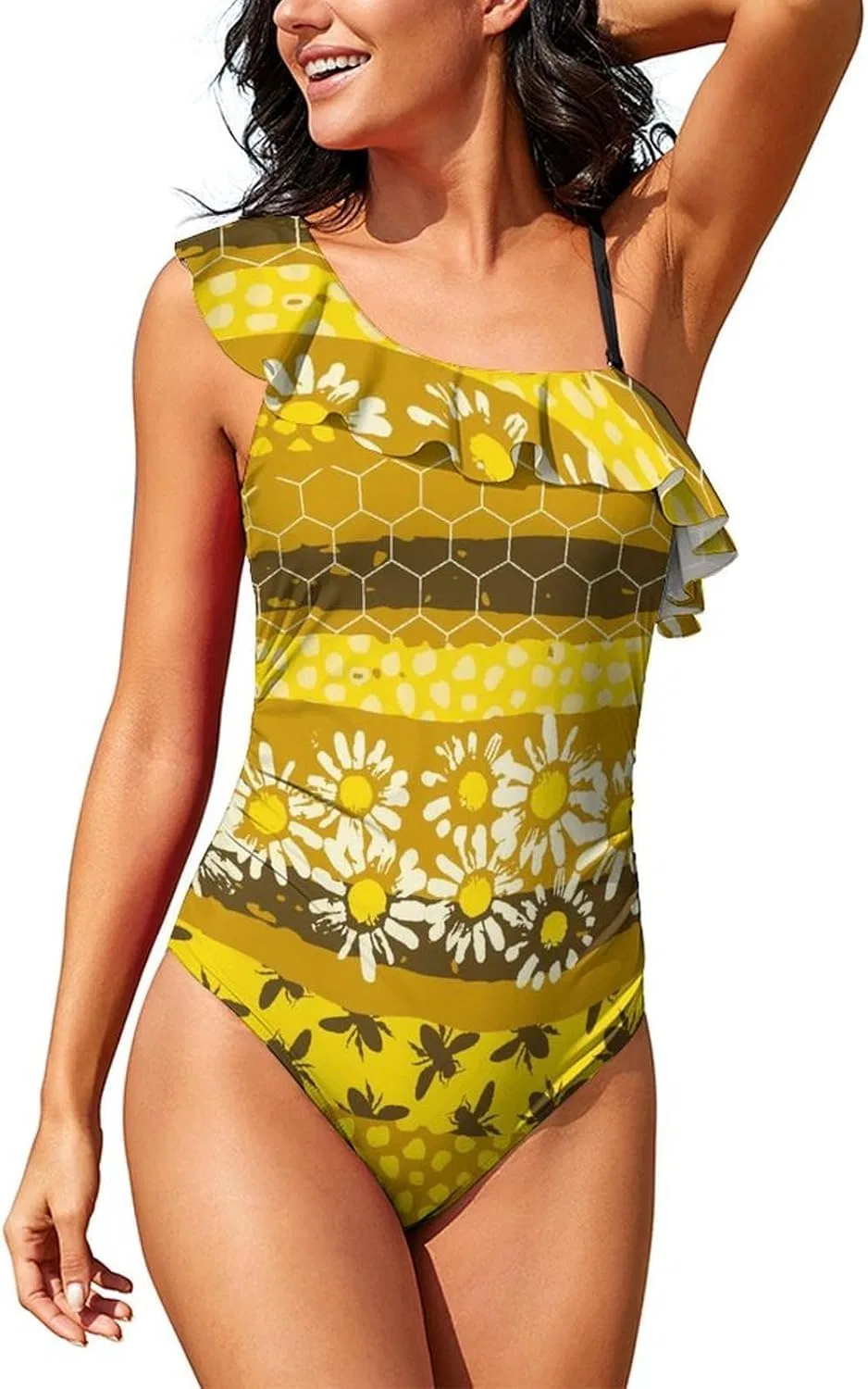 Купальник Bumble Bees Stripe Swimwears женский, асимметричный, на одно плечо, повседневный, с вырезом-лодочкой