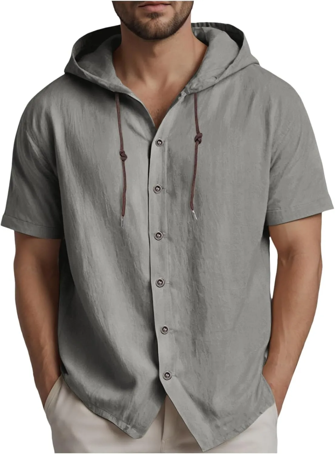 

Мужская льняная рубашка с коротким рукавом и капюшоном