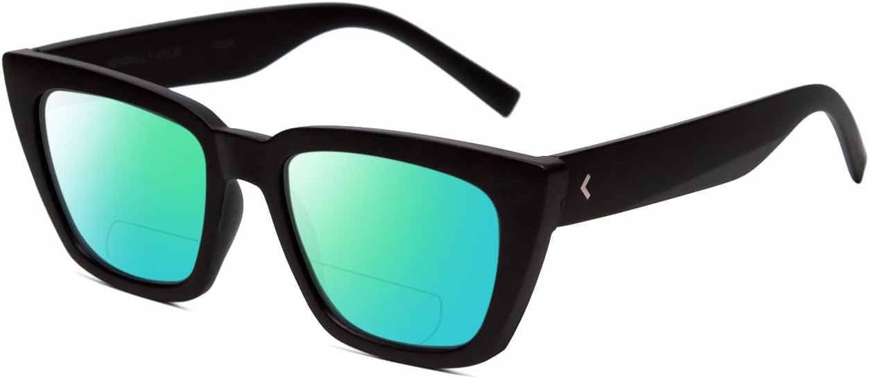 

Солнцезащитные очки для чтения Calabria K+K SADIE Square Polarized BiFocal для женщин, модные и стильные дизайнерские солнцезащитные очки, Matte Black/Green Mirror Lens