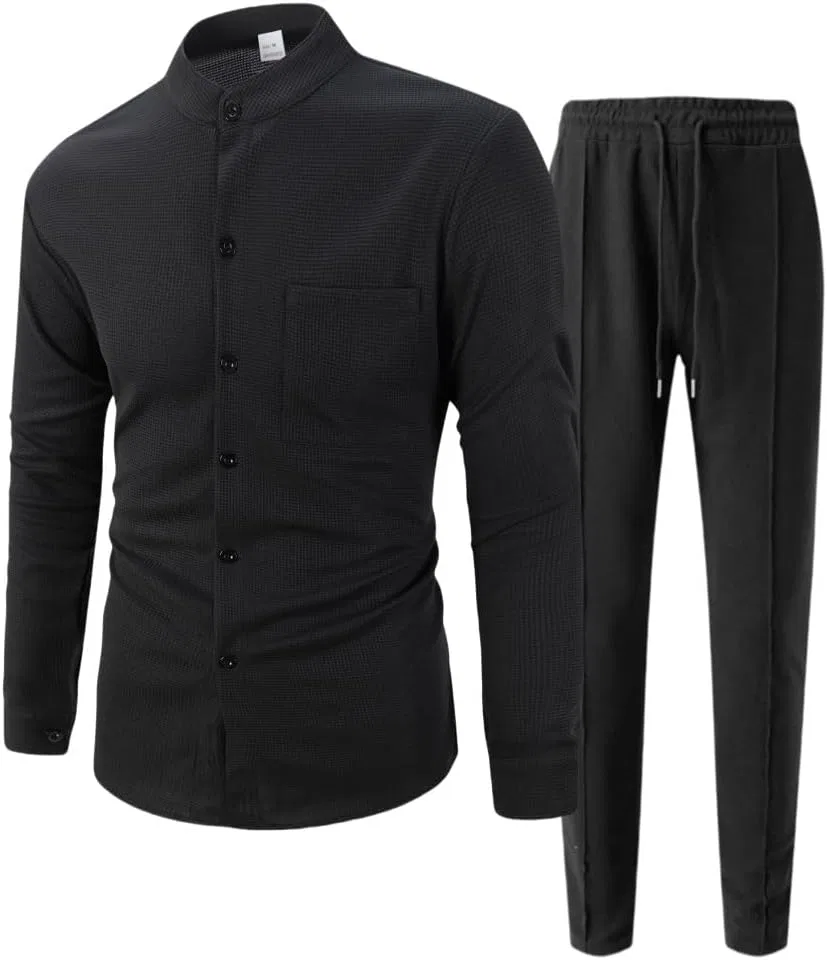Мужской спортивный костюм из вафли, 2 предмета, Stand Collar, Black — фото 4