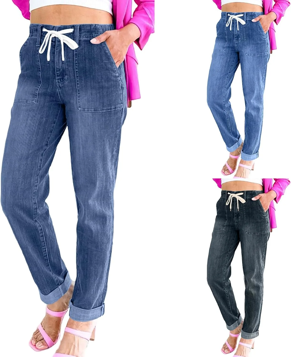 Джинсы High Waisted для женщин, Baggy, Stretchy, с Drawstring