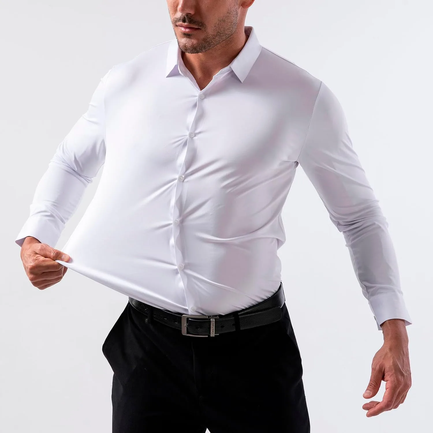Мужская рубашка Muscle Fit с длинным рукавом, эластичная, не мнущаяся, Slim Fit, на пуговицах, для бизнес-кэжуал и работы Generic, белый — фото 4