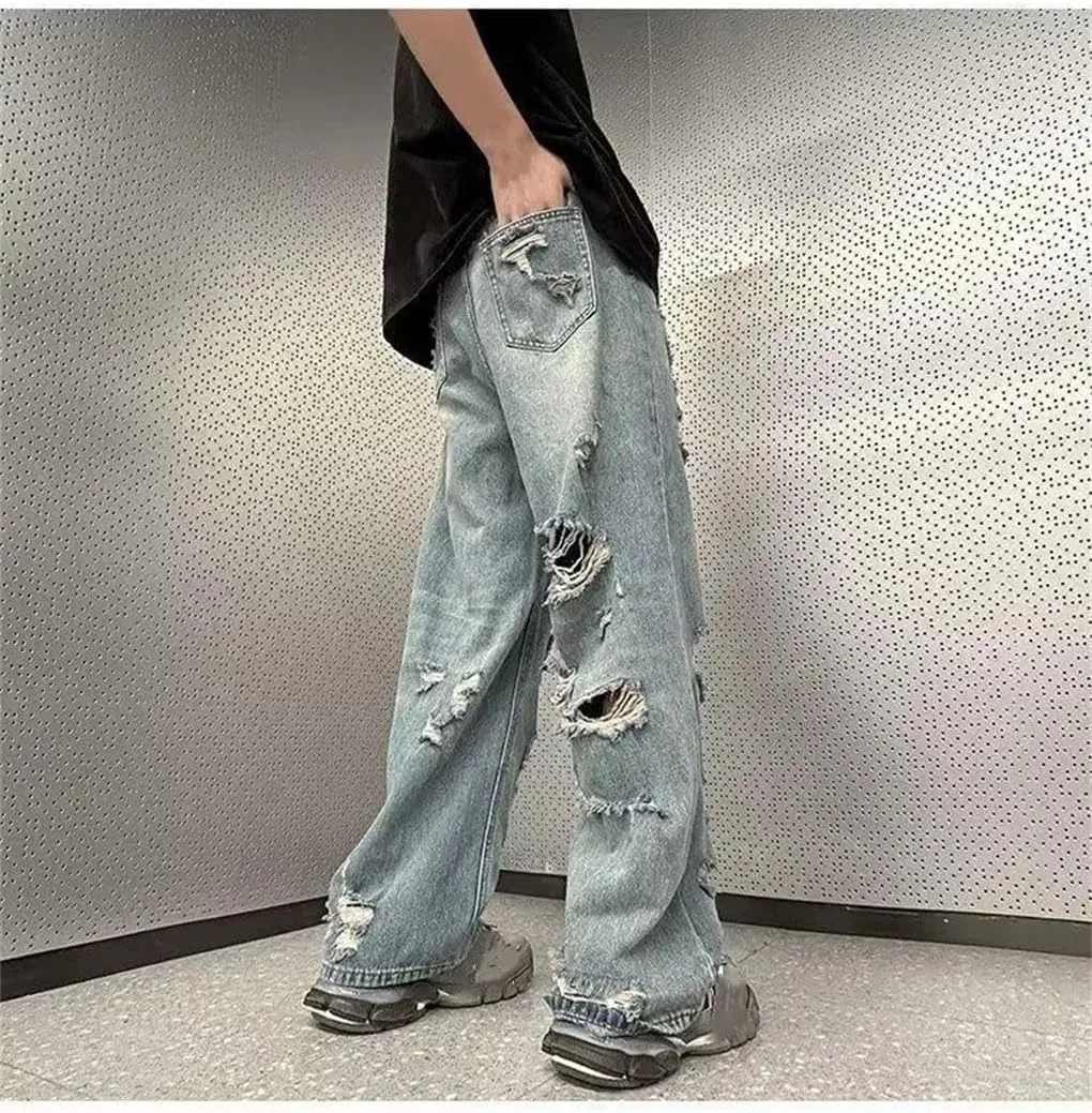 Джинсы прямые свободные высокие, Men's Denim Pants, синий — фото 4