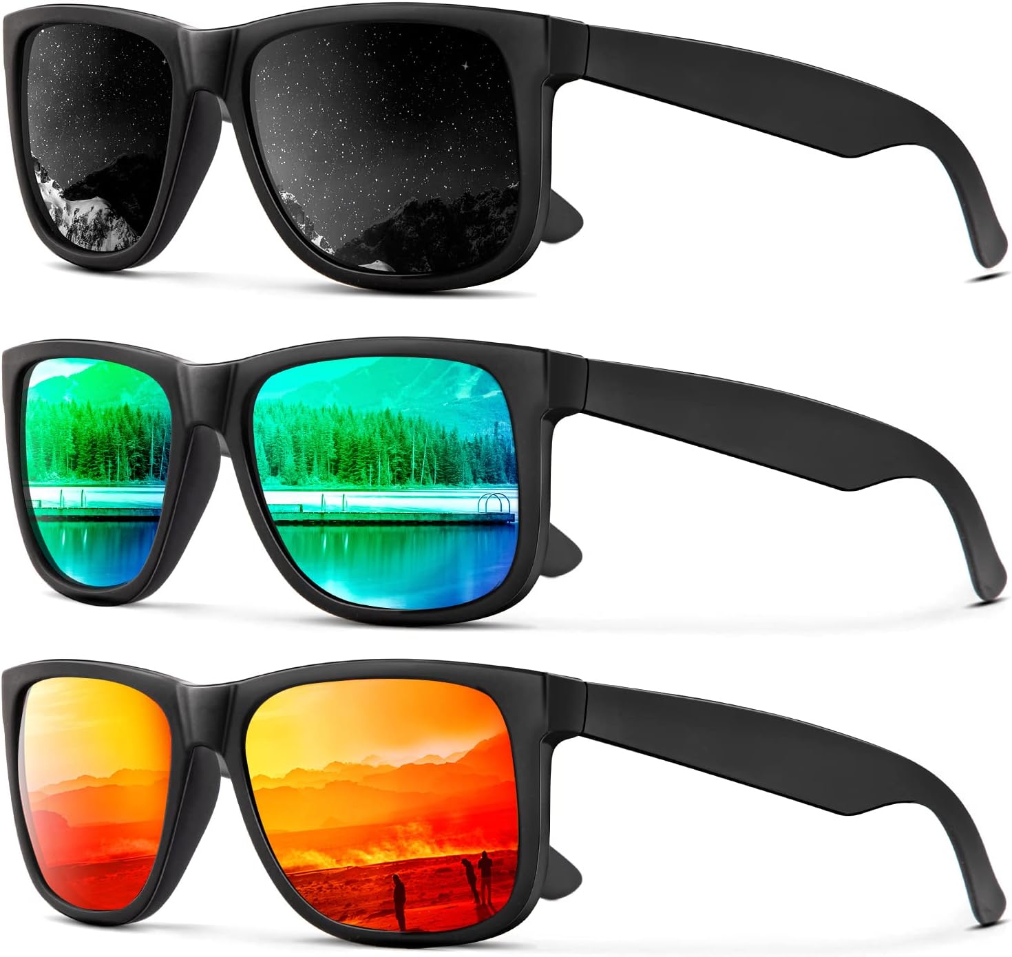 

Солнцезащитные очки KALIYADI для мужчин и женщин, поляризованные, классическая матовая черная оправа, защита от УФ-излучения, комплект из 3 штук, (3 Pack) Black/Green/Orange