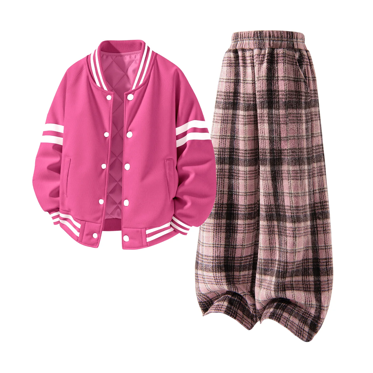 Детский спортивный костюм с круглым вырезом Disney, [Thickened and Fleece-Lined]Solid Color Lotus Pink+Solid Color Pink Plaid — фото 4