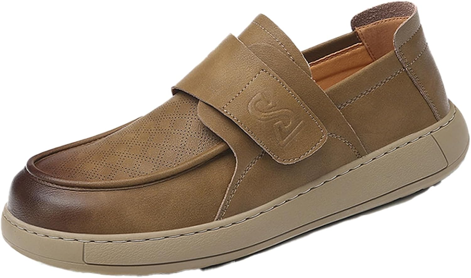 

Мужские ручной работы кожаные слипоны на платформе, повседневные лоферы с липучкой, с округлым носком, невысоким каблуком, дышащие, прогулок и отдыха на улице Qwuieoin, хаки