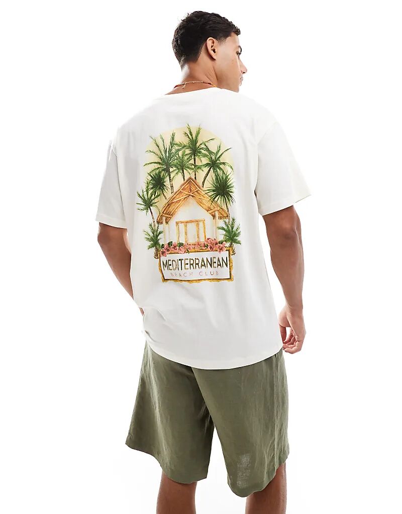 

Футболка Jack & Jones oversize с принтом пальмы на спине кремового цвета