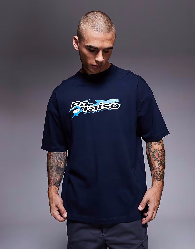 

Футболка свободного кроя с принтом Paraiso и прорезной строчкой темно-синего цвета Asos Design, Синий, Футболка свободного кроя с принтом Paraiso и прорезной строчкой темно-синего цвета Asos Design