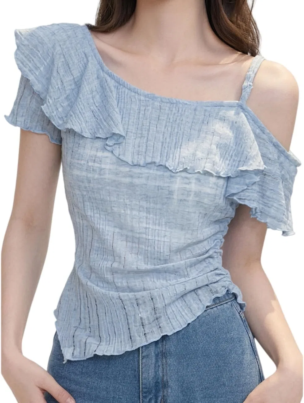 Блуза с рюшами, женская, One Shoulder, синий