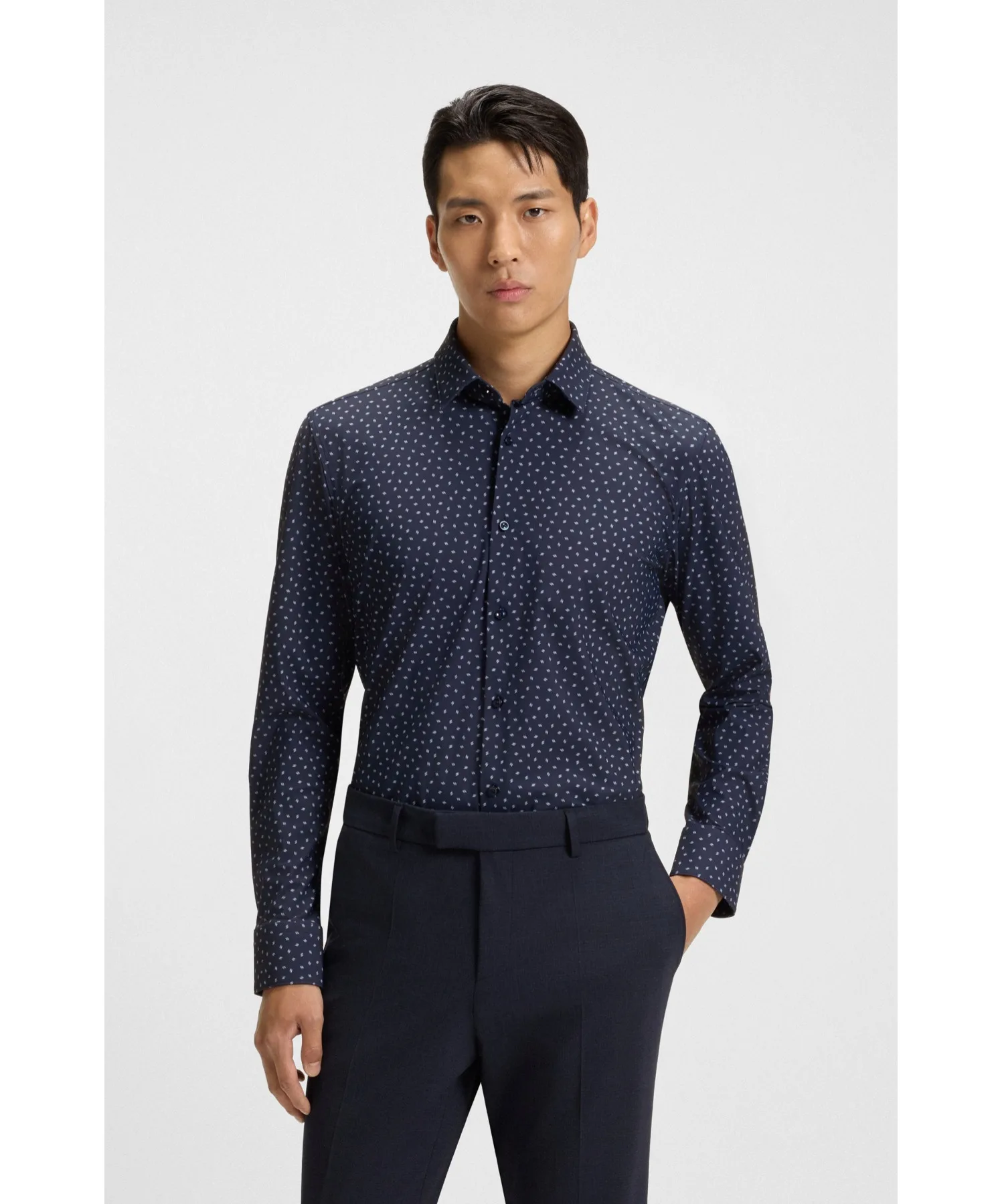 Мужская рубашка BOSS Slim Fit с принтом из эластичного джерси тёмно-синяя