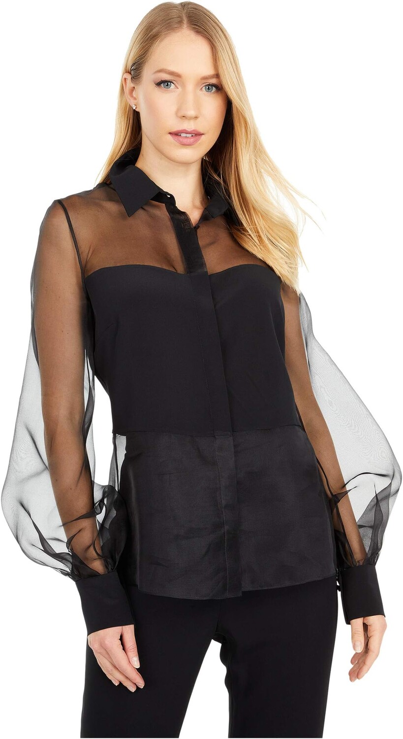 

Блуза Cushnie Button-Down Sheer Blouse with Billowing Sleeves, черный