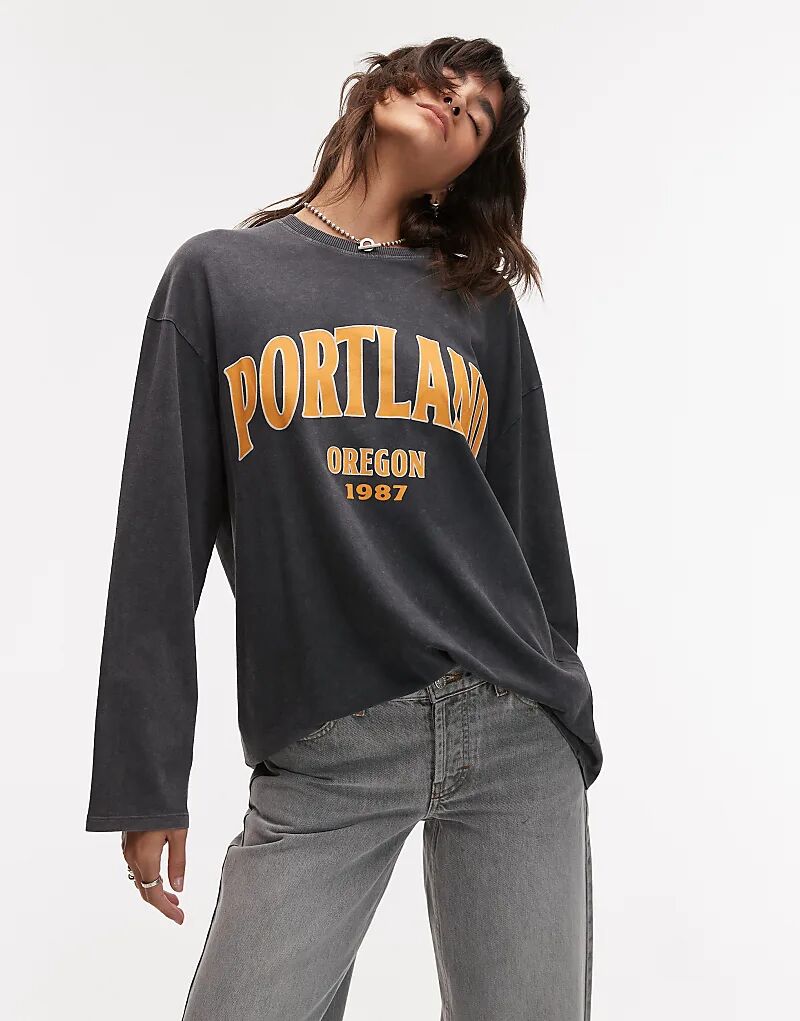 

Футболка с длинными рукавами Portland в сером цвете Topshop