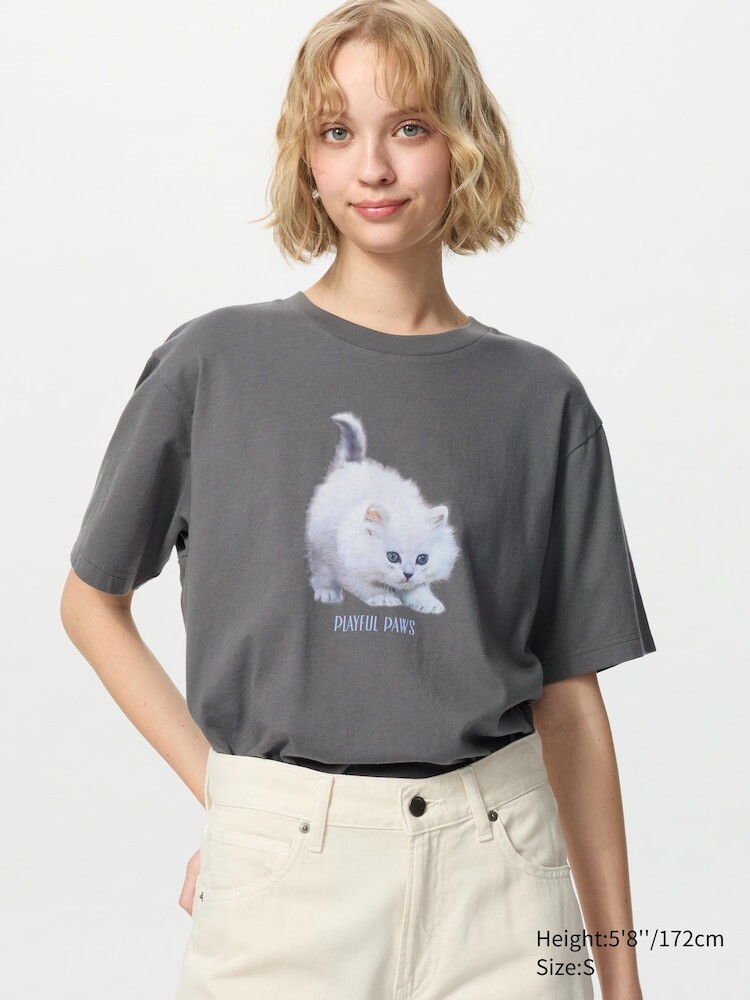 

Футболка с рисунком cat photographs ut Uniqlo, цвет 07 серый