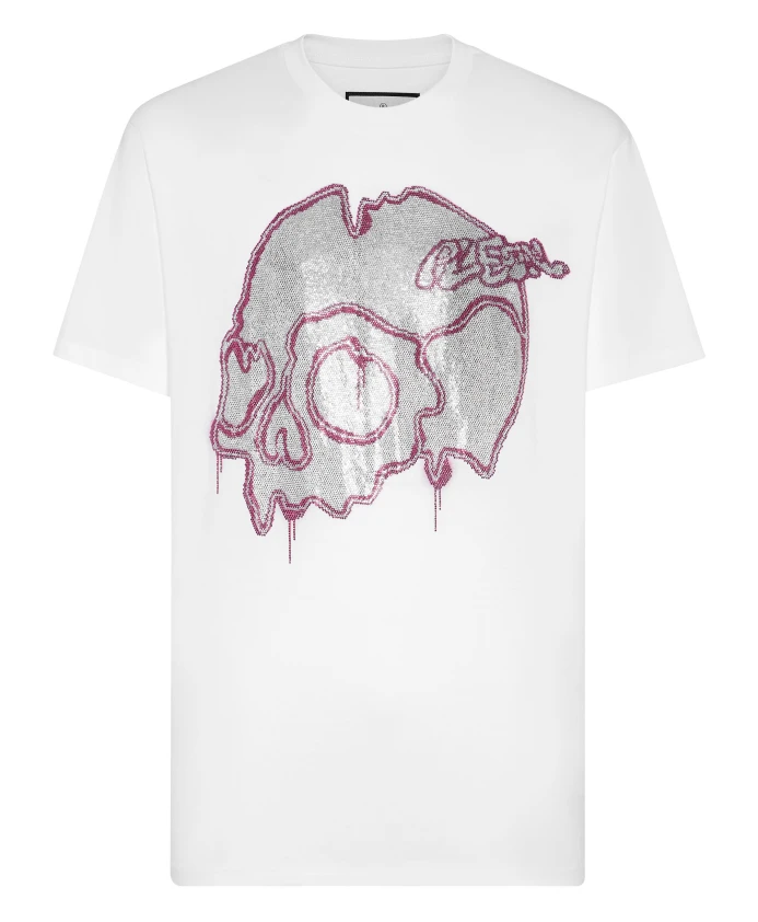 

Футболка с короткими рукавами и круглым вырезом, украшенная кристаллами в виде черепа. Philipp Plein, белый