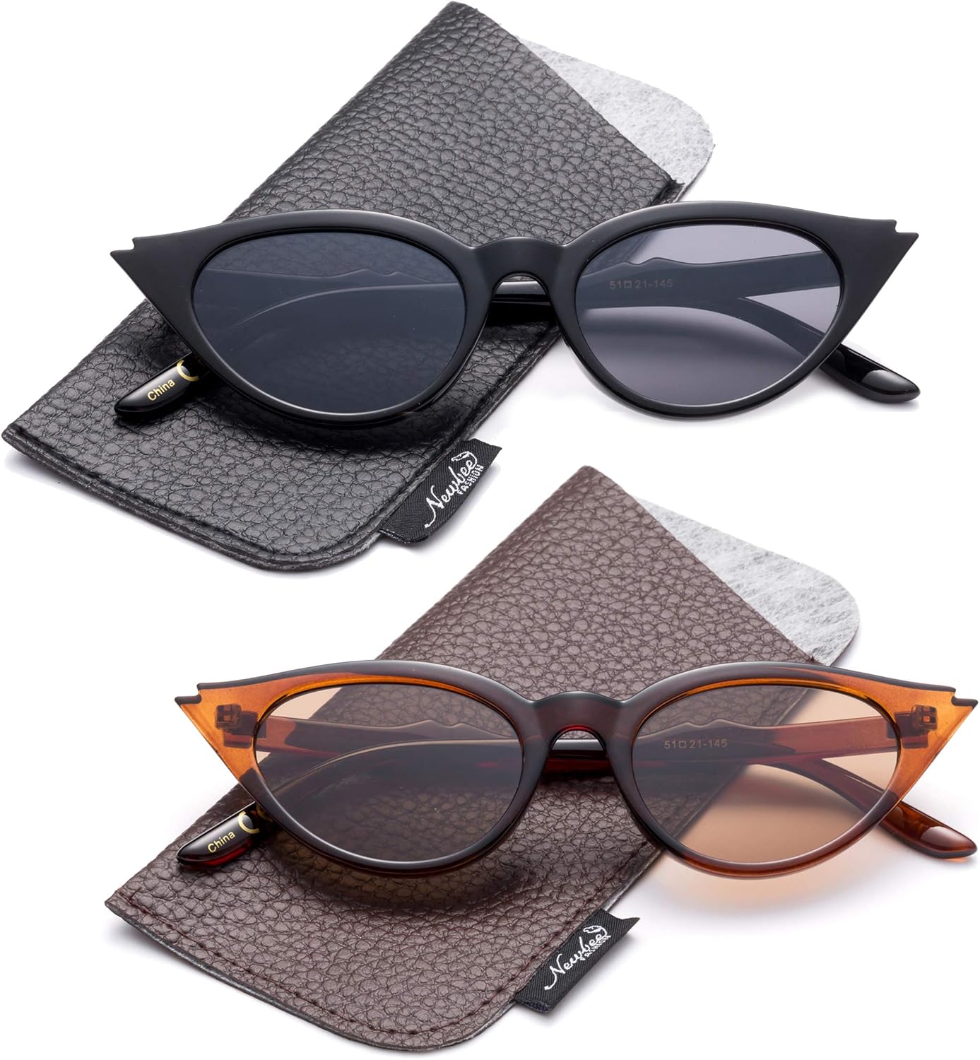 

Дизайнерские женские солнцезащитные очки «кошачий глаз», ретро-стиль, винтажные солнцезащитные очки маленького размера Newbee Fashion Sunglasses, 2 Pack - Black & Brown