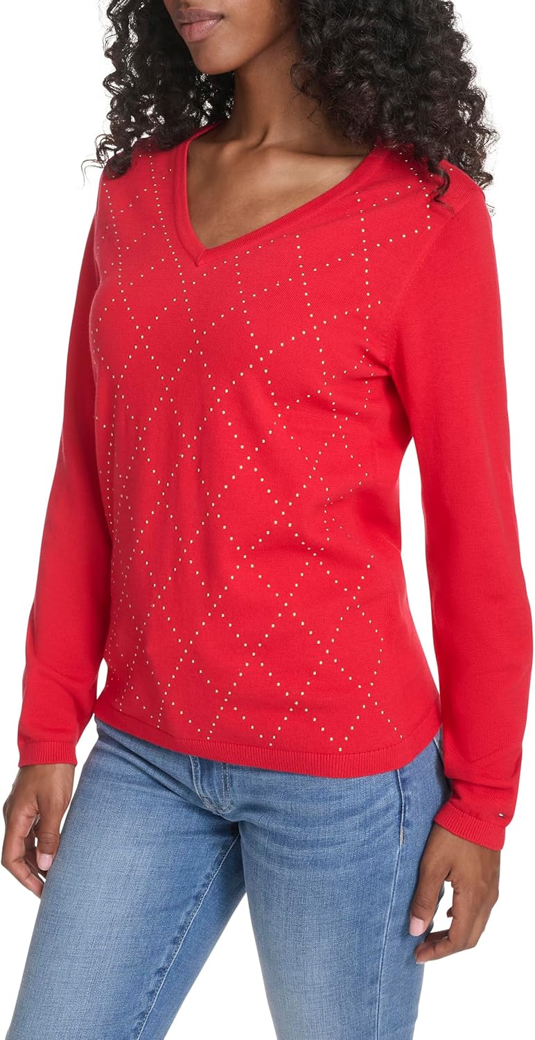 Женский свитер Tommy Hilfiger Hotfix с длинным рукавом и V-образным вырезом, Scarlet — фото 3