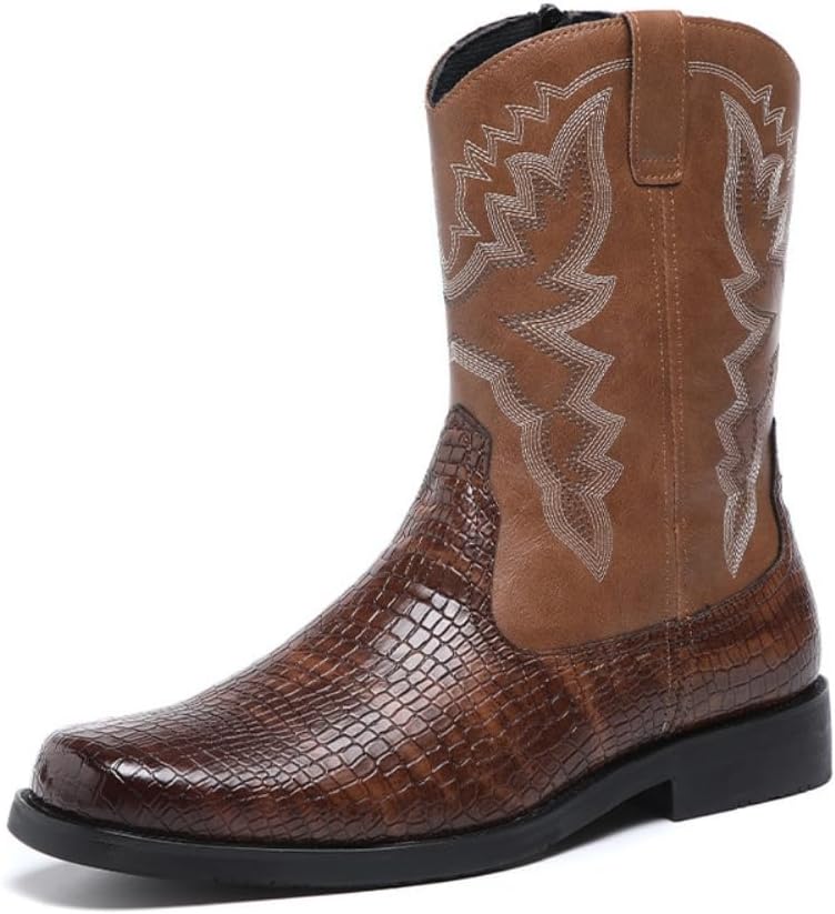 

Западные ковбойские сапоги для мужчин, кожа с узором под крокодила, черные и коричневые, средние по голени, с вышивкой, носок Roper Hawecobo