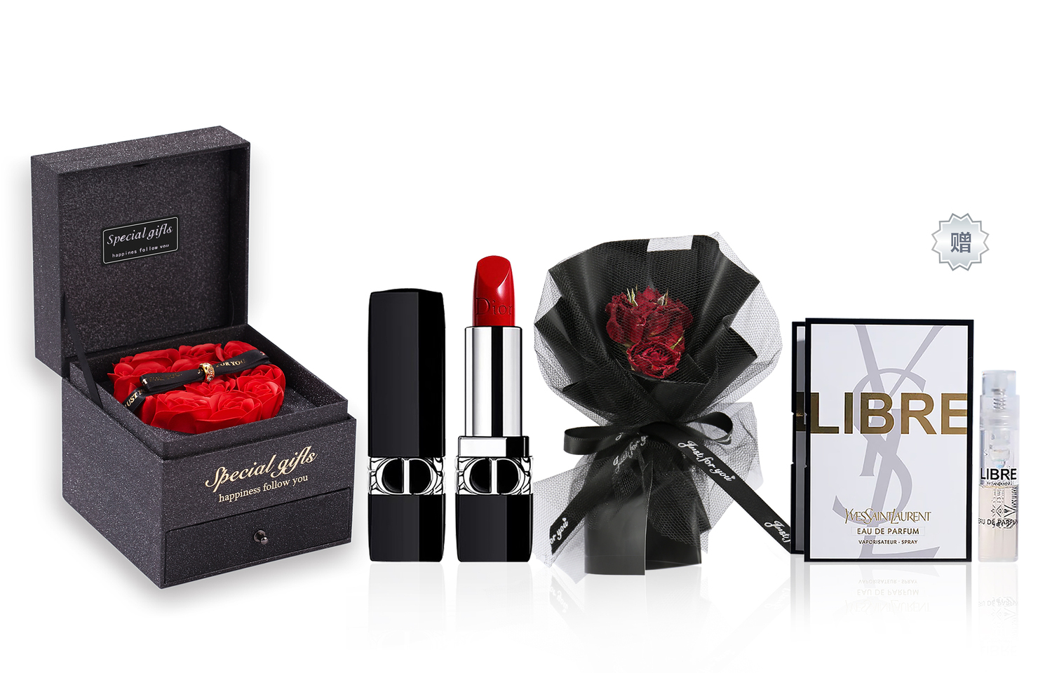 Подарочный набор: помада Dior Rouge Dior 840 Radiance Maple Leaf Brick Red, 3,5 + парфюмерная вода Yves Saint Laurent Libre, 1,2 мл + букет — фото 4
