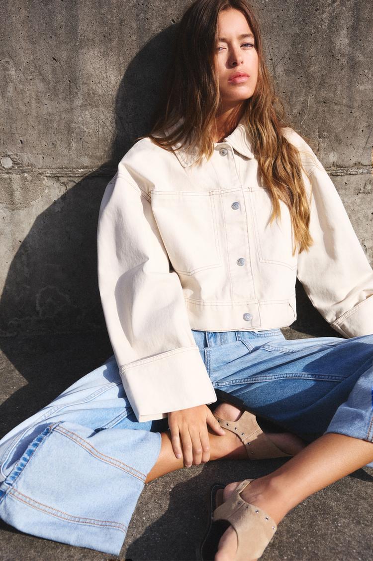 

Укороченная хлопковая куртка Pull And Bear, бежевый