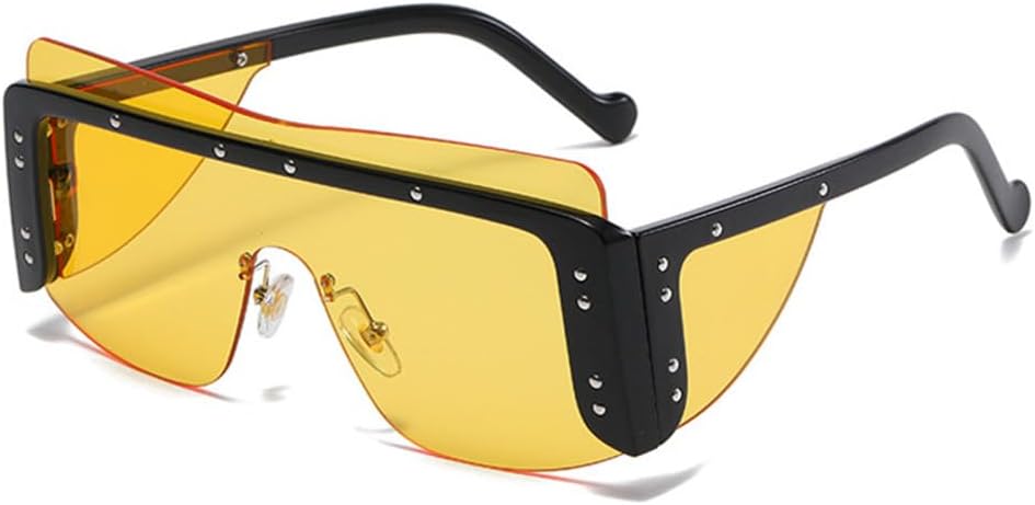 

Женские солнцезащитные очки без оправы, женские солнцезащитные очки с металлическими заклепками, мужские очки без оправы, женские очки с защитой от УФ-излучения UV400 MTZJH, Black-yellow