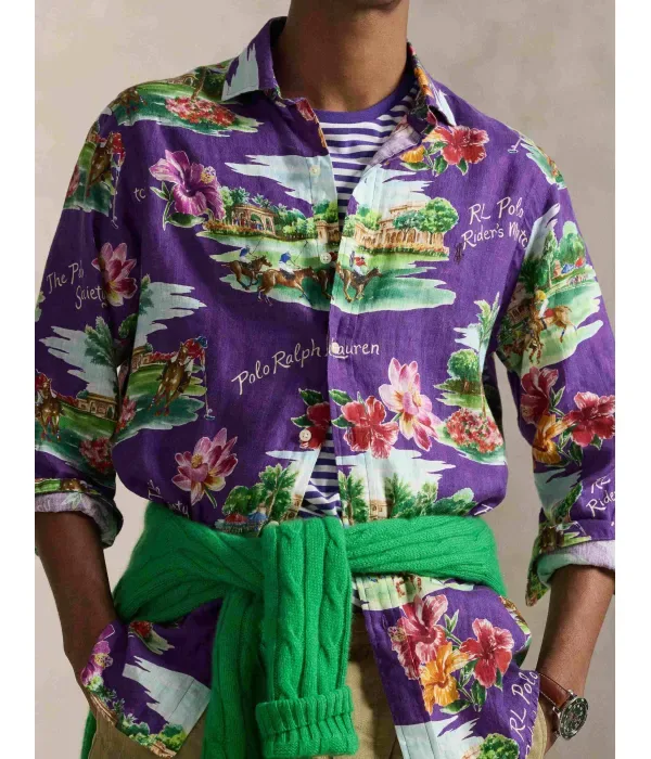 Льняная рубашка classic fit Polo Ralph Lauren, фиолетовый — фото 4