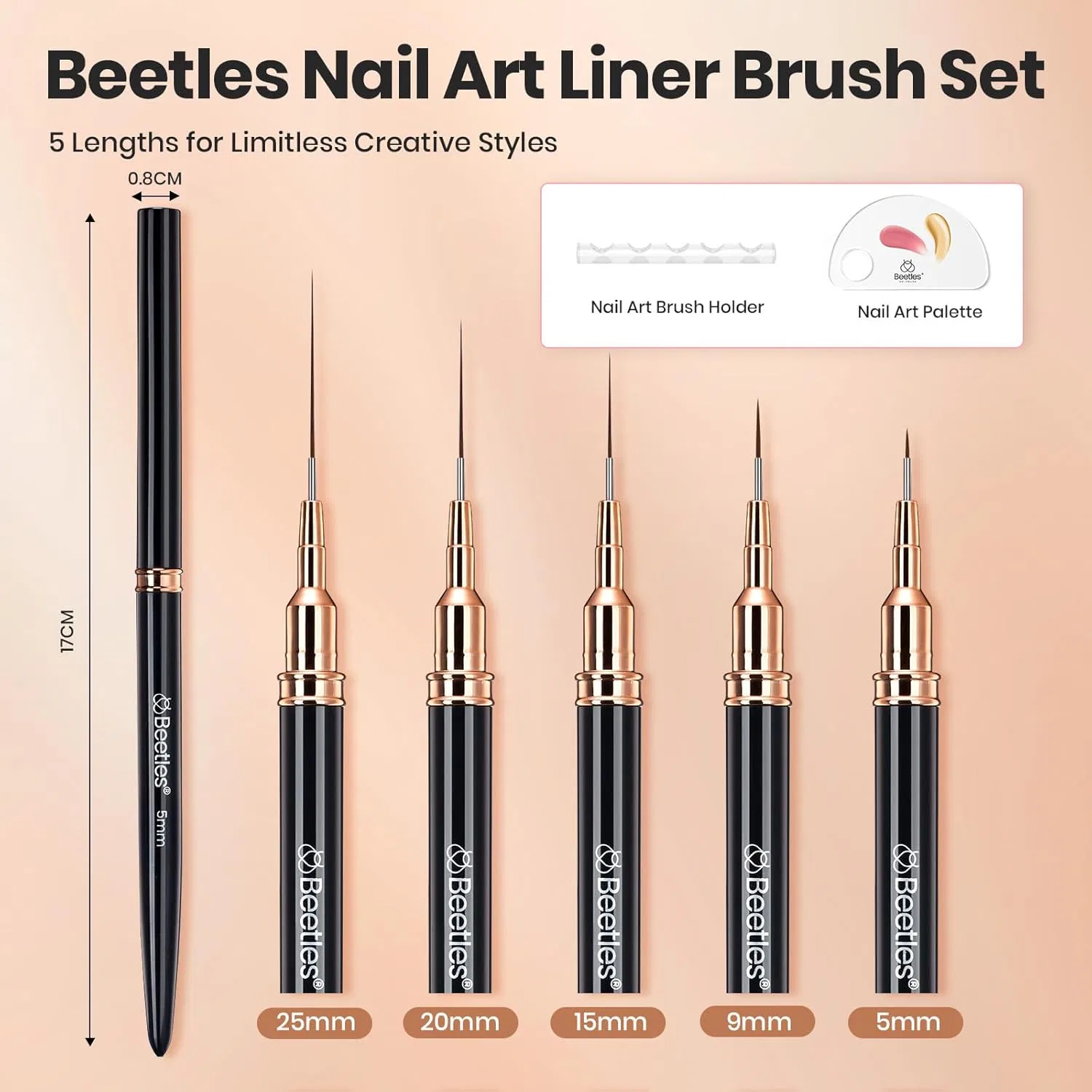 Набор из 5 кистей-лайнеров Beetles для дизайна ногтей, черные Beetles Gel Polish — фото 2