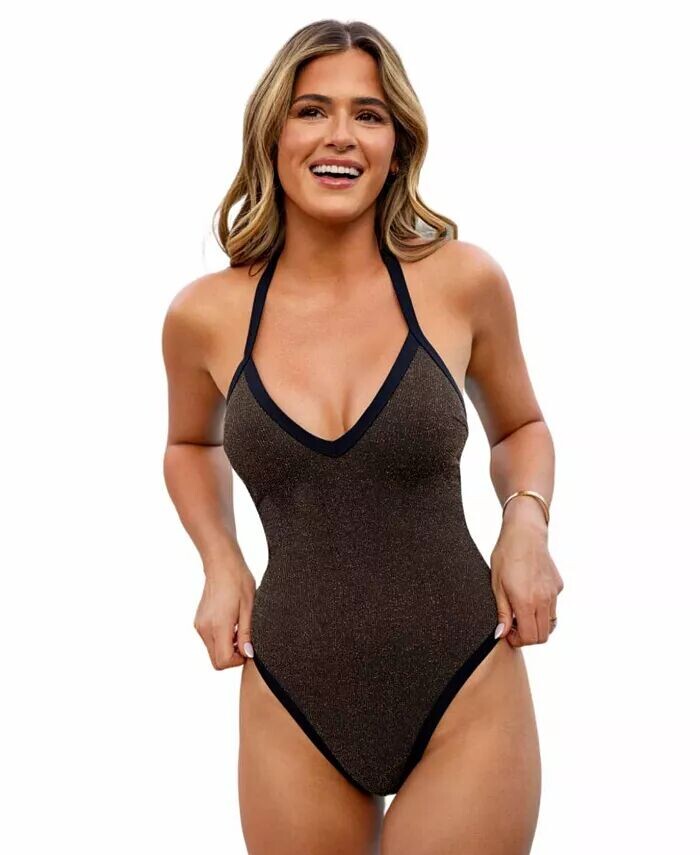 

Женский слитный купальник X JoJo Atlantis Espresso Ribbed Lurex Halter CUPSHE, черный