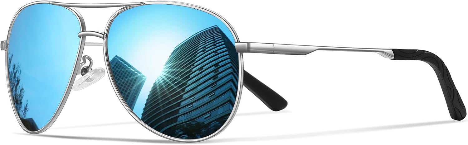 

Солнцезащитные очки для мужчин, поляризованные, авиаторские, для мужчин и женщин, для рыбалки, вождения, с металлической оправой и защитой от УФ-излучения UV400 phikttu, Sliver Frame Blue Mirrored Lens