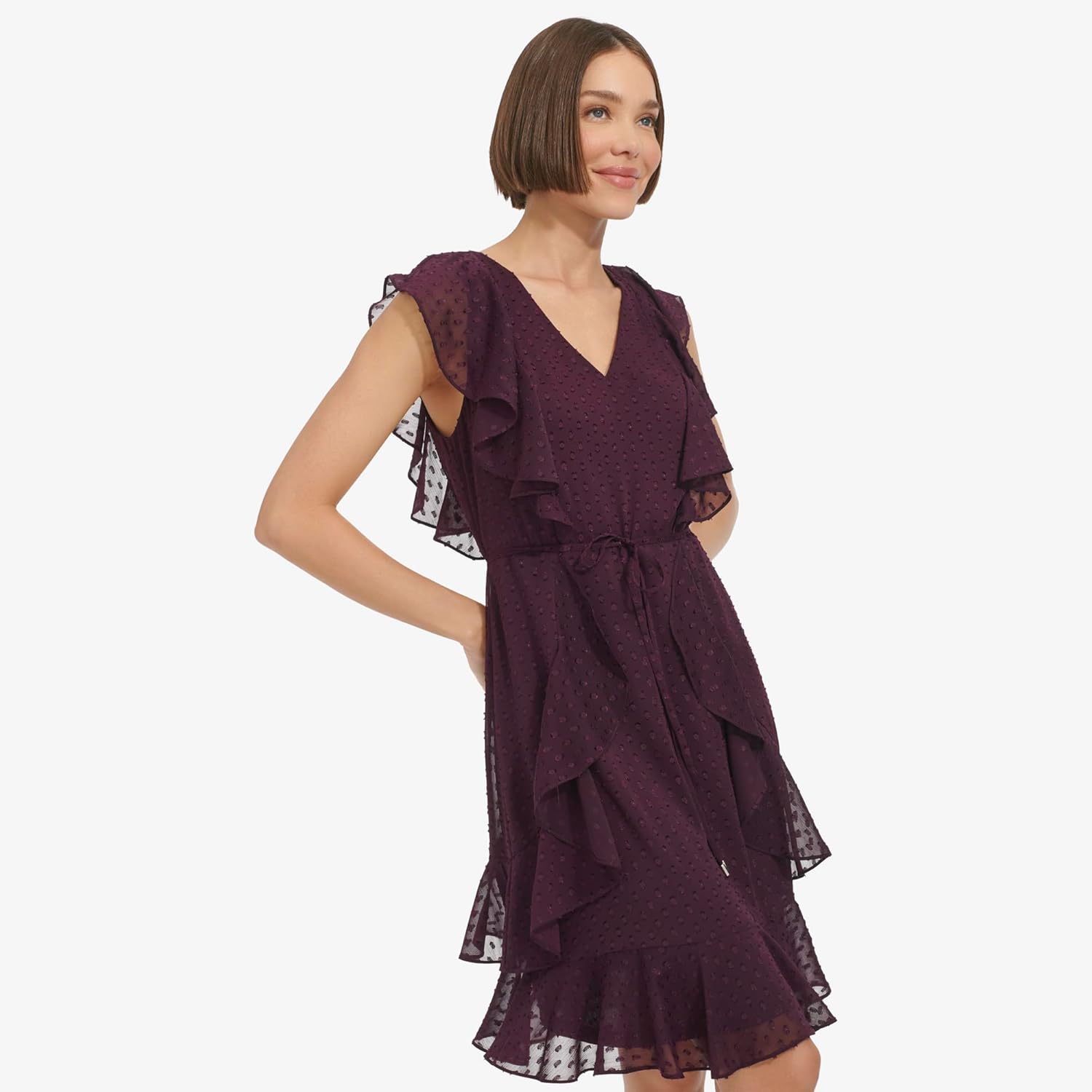 Женское шифоновое мини-платье Tommy Hilfiger с оборками и завязкой на талии, Aubergine — фото 2