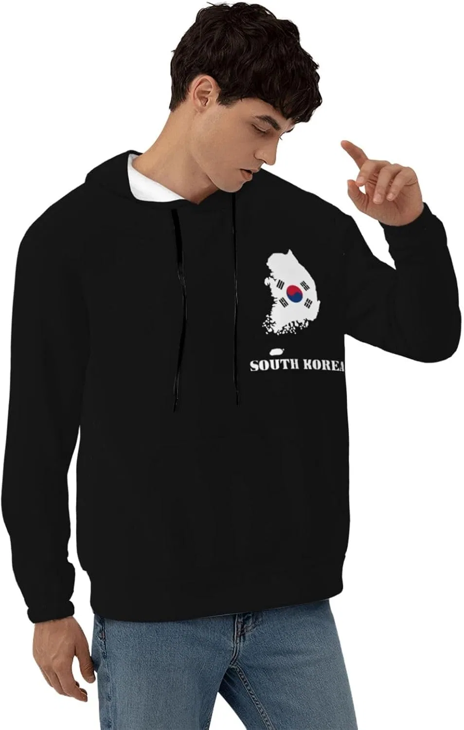 Мужская флисовая толстовка с капюшоном и карманом, South Korea Korean Map Flag Generic, черный — фото 2