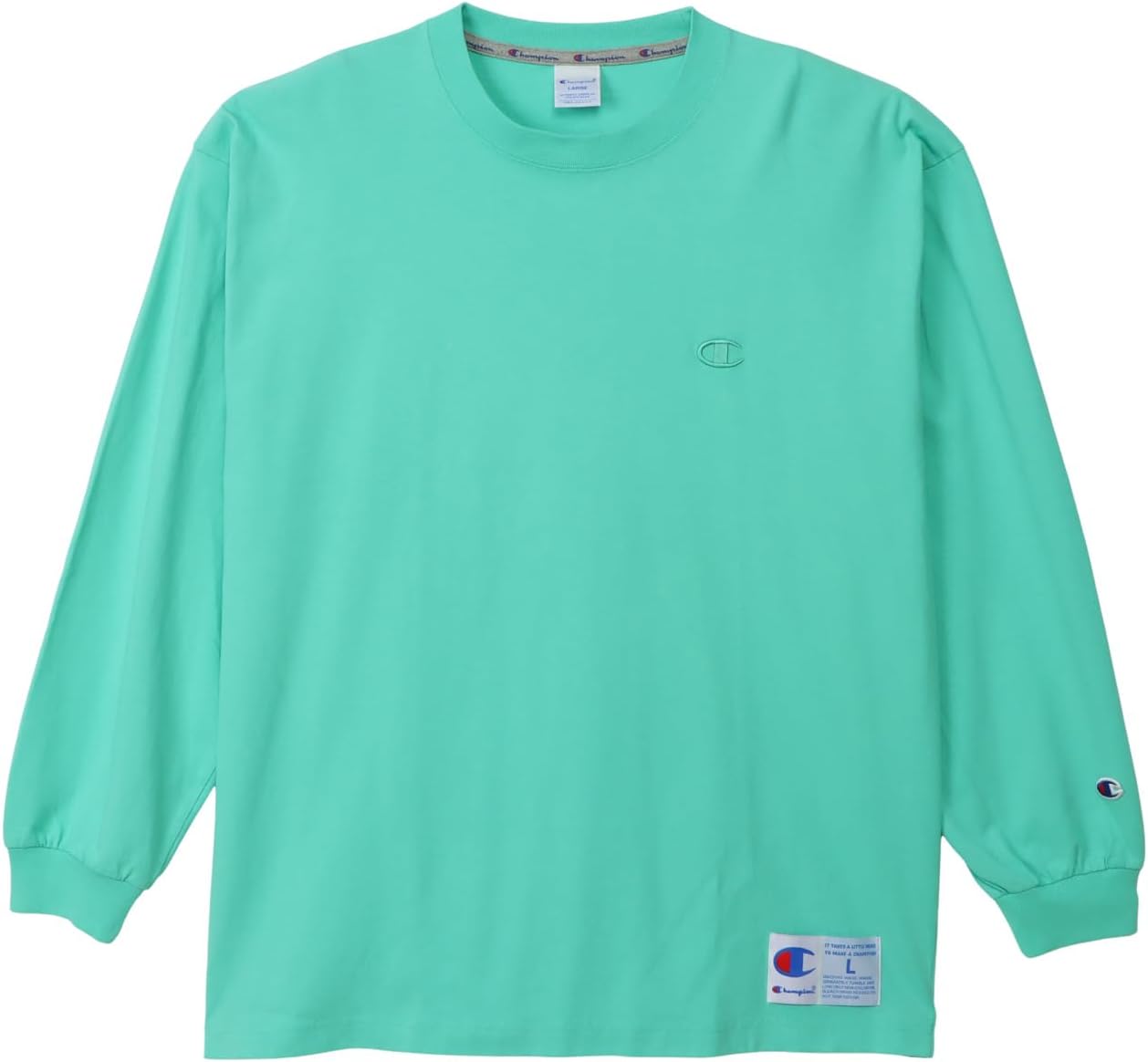 

Мужская футболка с длинным рукавом Champion, круглый вырез, 100% хлопок, свободный крой, вышивка одного логотипа, спортивный стиль, C3-V414, светло-голубой/зеленый