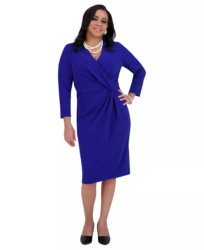 

Женское платье-футляр с перекрученным передом, 3/4 рукава и блестками Kasper, синий