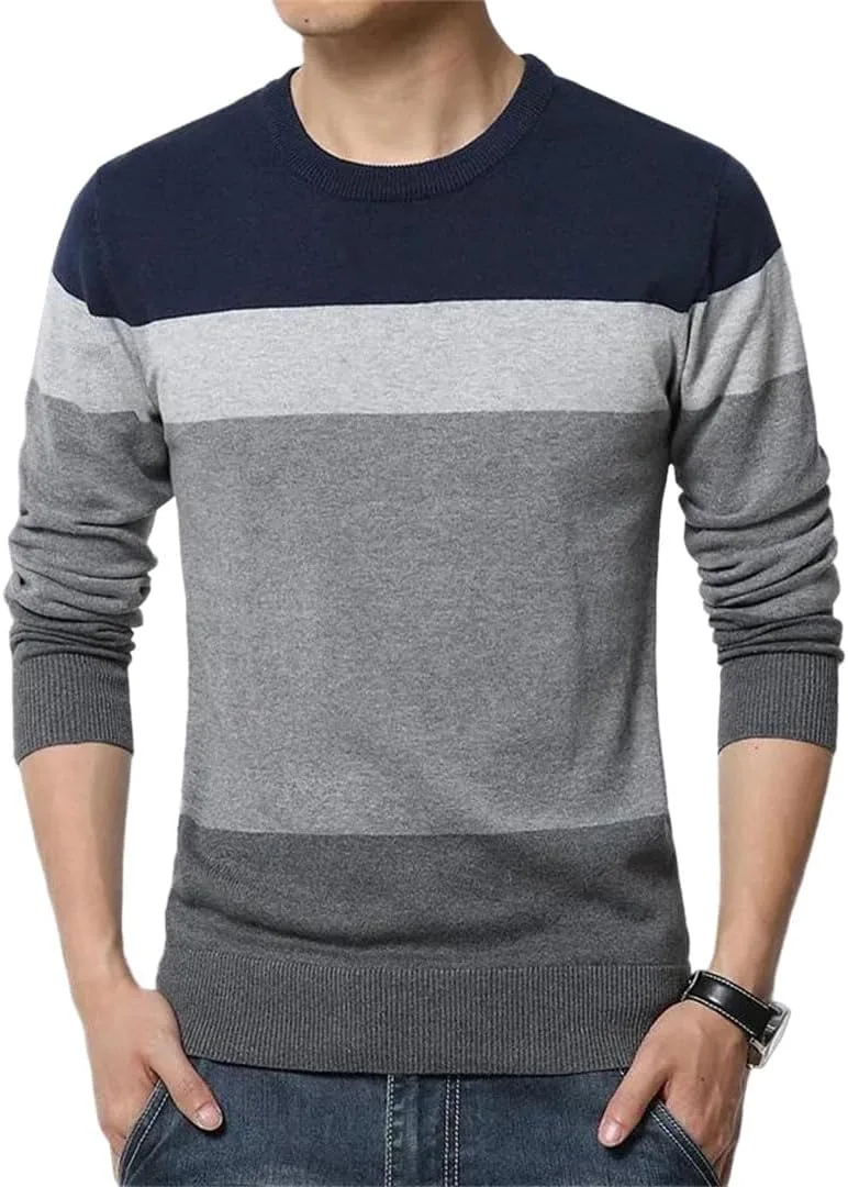 

Мужской осенний свитер с круглым вырезом в полоску slim fit