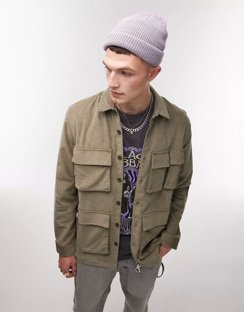 

Вельветовая рубашка цвета хаки с длинными рукавами Topman и карманами стандартного кроя