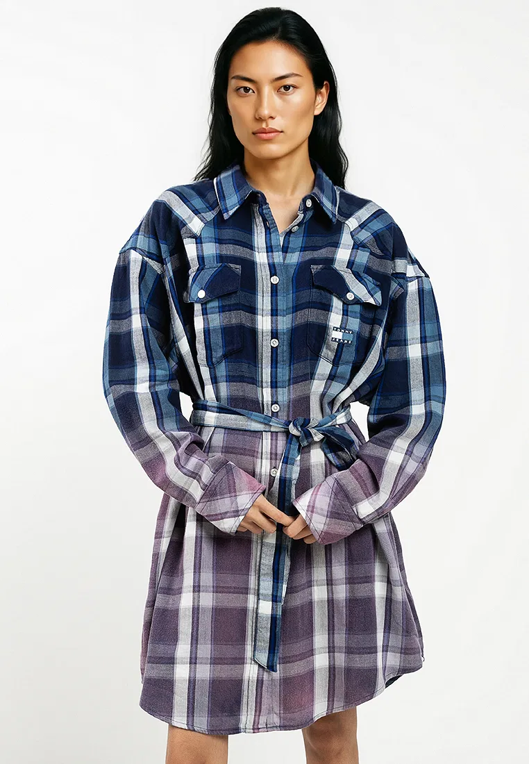 Платье-рубашка мини, клетчатая фланель, с поясом, Tommy Jeans Tommy Hilfiger, синий/мультиколор