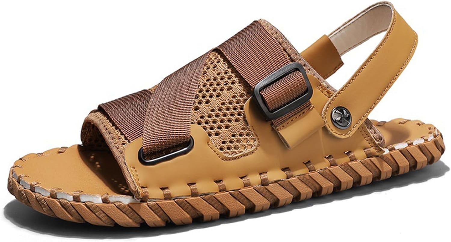 

Мужские сетчатые сандалии AMAZIDEAL с открытым носком и шлепанцы, регулируемые, ручной работы, для улицы, повседневные пляжные тапочки, летние удобные дышащие шлепанцы на плоской подошве, желтый