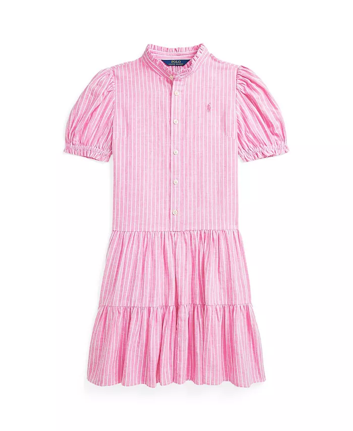 

Платье полосатое многослойное из льна с хлопком для девочек постарше Big Girls Polo Ralph Lauren, розовый
