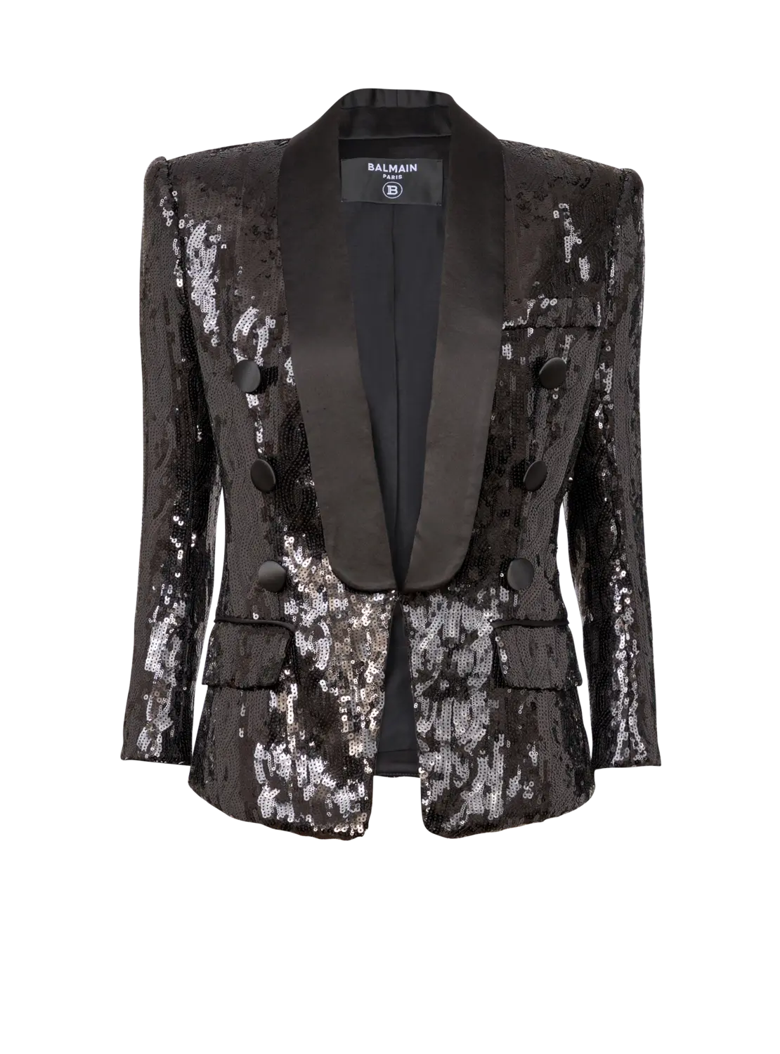 

Приталенный жакет из атласной ткани с блестками и V-образным вырезом Balmain, черный