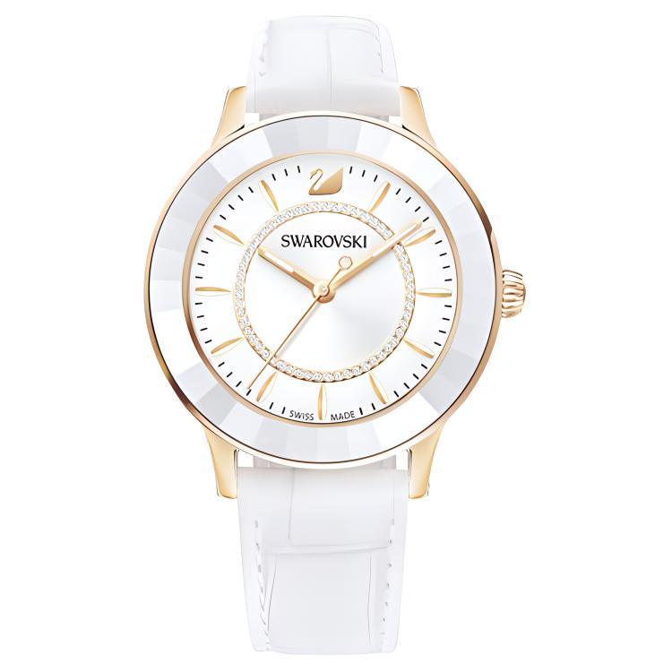 

Женские часы Swarovski с кварцевым механизмом, кожаным ремешком, белым циферблатом 39 мм