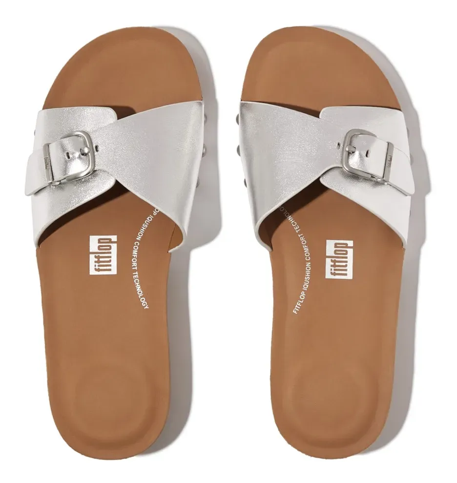 

Мюли Fitflop "IQUSHION ADJUSTABLE BUCKLE METALLIC-LETHER SLIDES", каблук-танкетка, летняя обувь, тапочки с регулируемой повязкой, серебристый