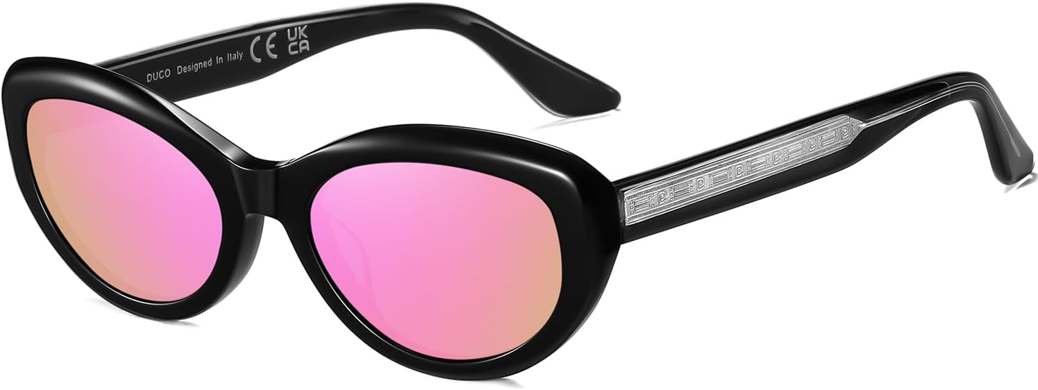 

Винтажные солнцезащитные очки DUCO «кошачий глаз» для женщин, ретро-очки овальной формы с поляризацией, модные узкие очки в стиле 90-х с защитой от УФ-излучения, модель DC2362, Black Frame Revo Pink Lens