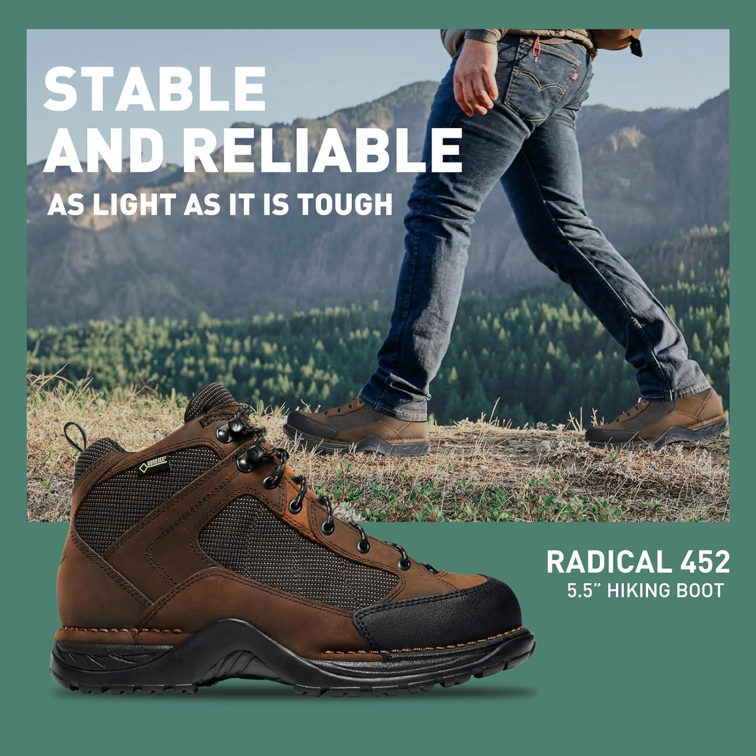 Мужские водонепроницаемые походные ботинки Danner Radical 452 с подошвой 5,5 из шлифованной нубуковой кожи, носком, устойчивым к царапинам, дышащим материалом Gore-Tex и противоскользящей подошвой, темно-коричневый — фото 2