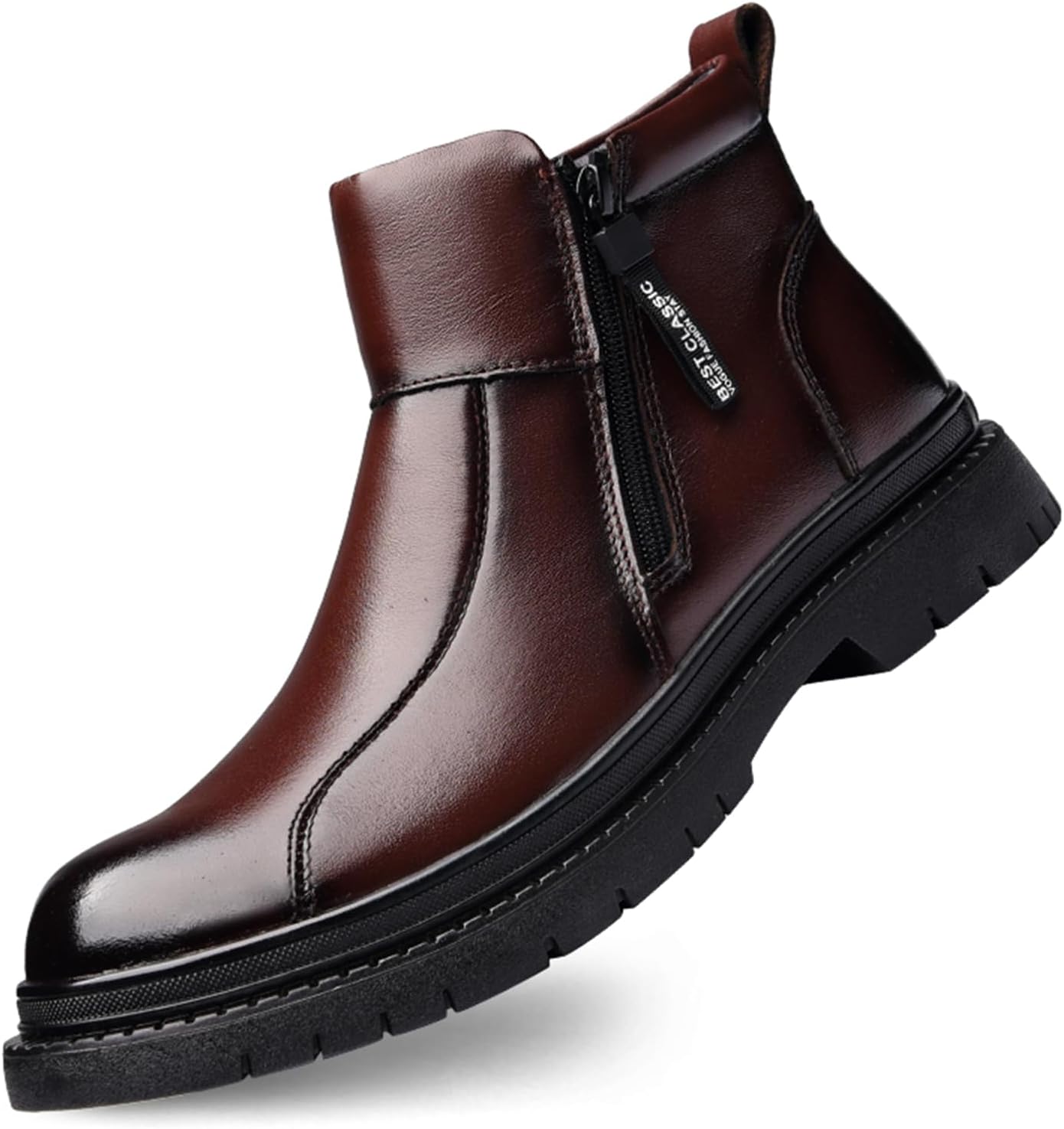 

Мужские кожаные ботинки Dacnakby, зимняя обувь, теплые зимние ботинки с боковыми двойными молниями, низкие, противоскользящие, водоотталкивающие, для улицы, для снега, повседневная ходьба, короткие ботильоны, коричневый