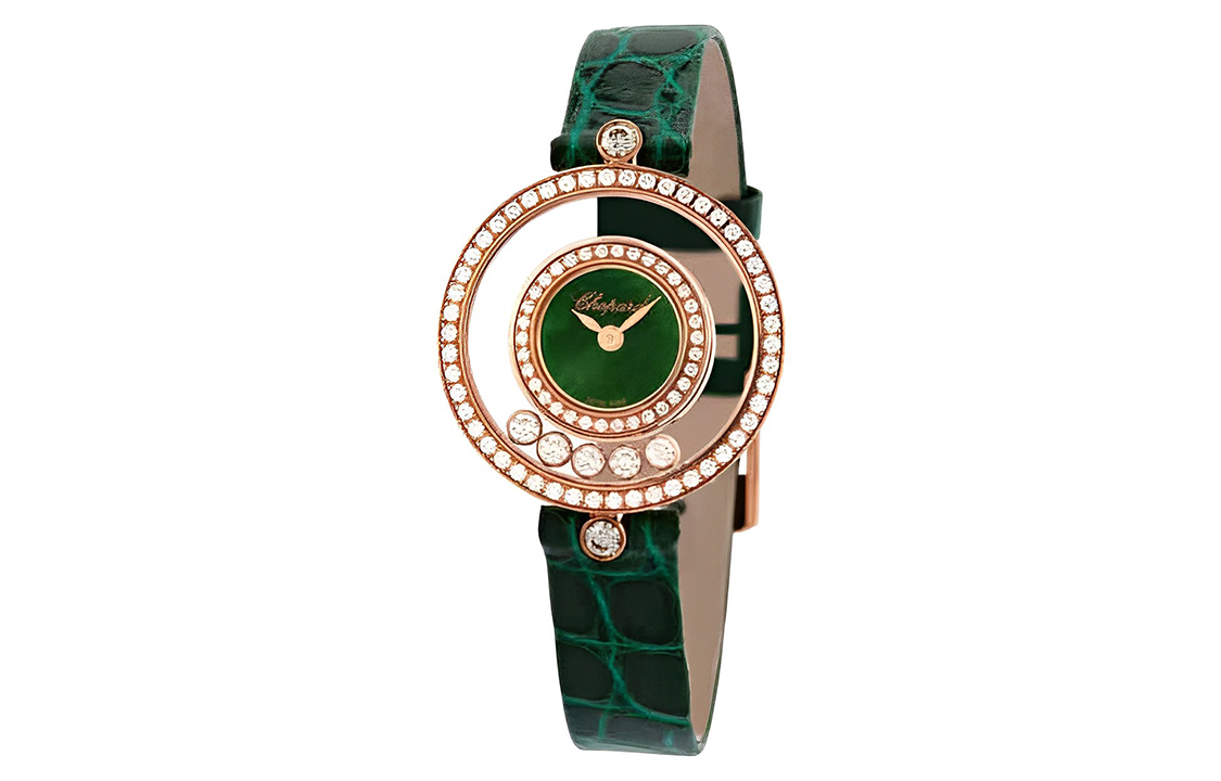 

Часы женские с кварцевым механизмом Chopard, диаметр 25,8 мм, зеленый циферблат, корпус из розового золота 18 карат, ремешок из крокодиловой кожи