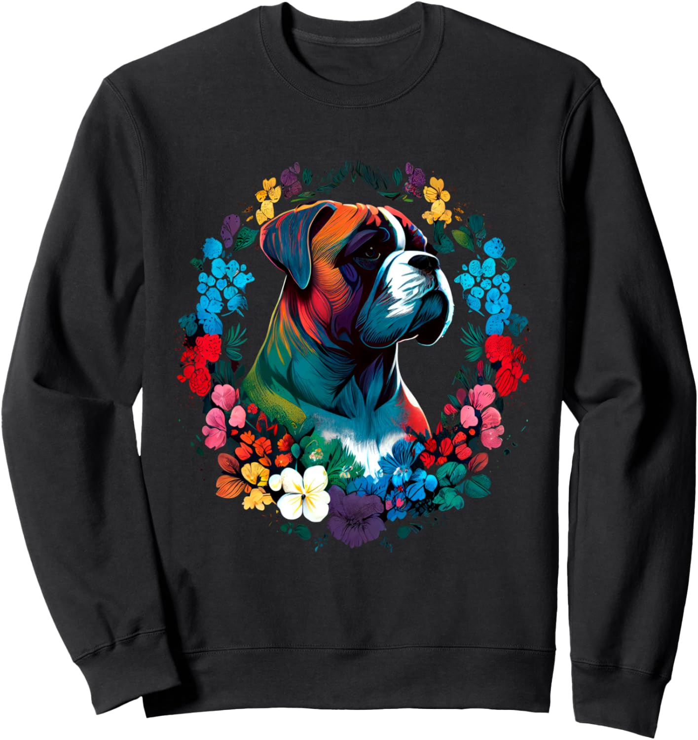 

Яркая толстовка с цветочным венком в виде собаки породы боксер Colorful Boxer Dog Floral Wreath, черный